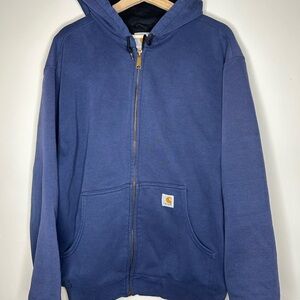 Vintage Carhartt Navy J149 Hooded Zip-Up Jacket Size L 26x29 Flaws shown